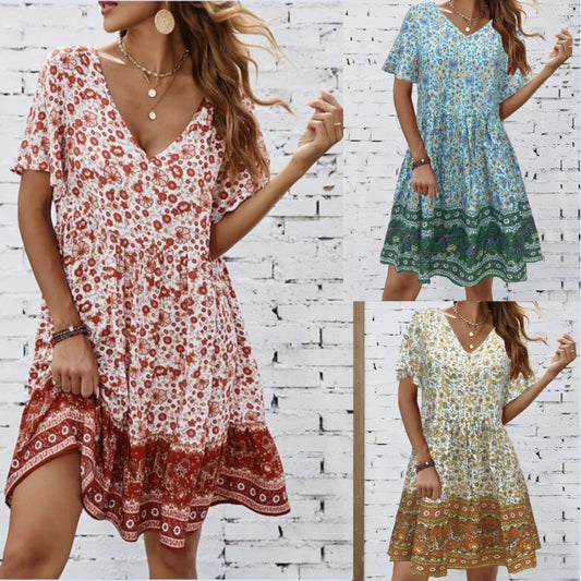 Comfy Dresses Summer V-neck Short-sleeved Printed Dress For Sleeping