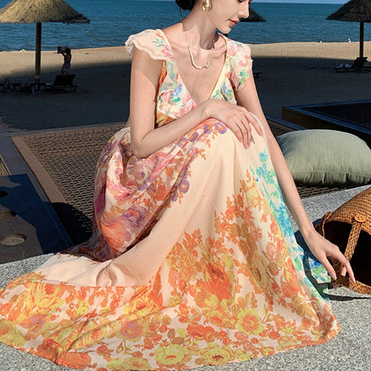 Comfy Dresses Fashion V-neck Ruffle Sleeve Long Dress Summer Flowers Print Bow-knot Backless Design