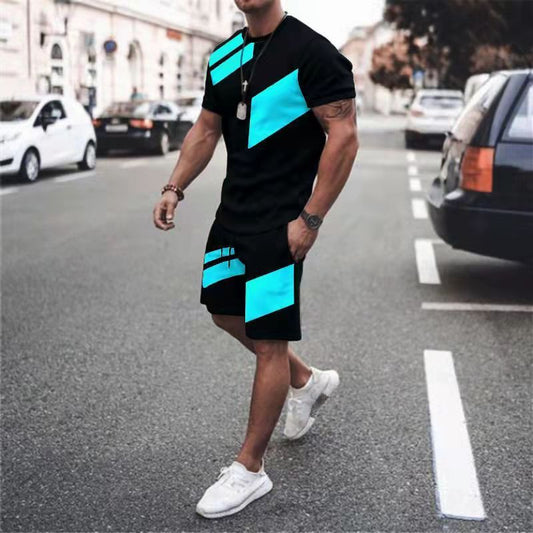 Mens Matching Shorts Sets Loose Fashion Casual Round Neck T-shirt Two-piece Set