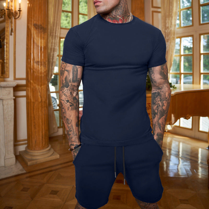 Mens Matching Short Sets Fashion Solid Color Short Sleeve Shorts Set