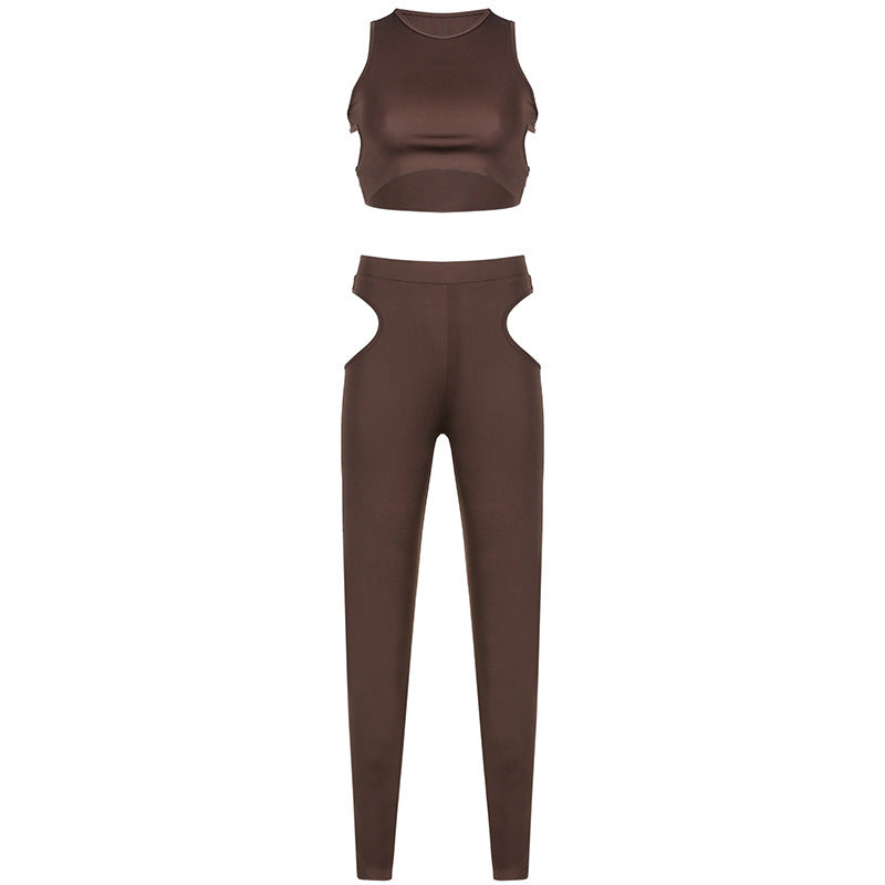 Women's Irregular Cutout Crop Tank Top Pants Two Piece Set