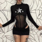 Tuned Waist Tight Thin Five Pointed Star Printed Knitted Top
