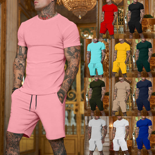 Mens Matching Short Sets Men's Fashion Solid Color Short Sleeve Shorts Set