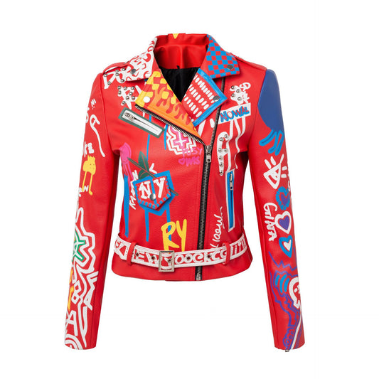 Coats & Jackets Lapel Slim Motorcycle Long Sleeve Graffiti Belt Red Leather Women