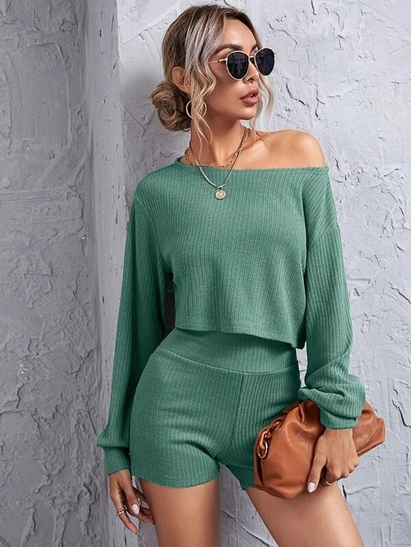 Off-the-shoulder Ribbed Knit Cropped Top And Wide-waist Shorts