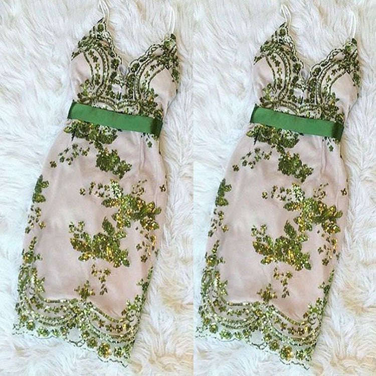 Sequined Floral Waist Brocade Strap Deep V Halter Dress