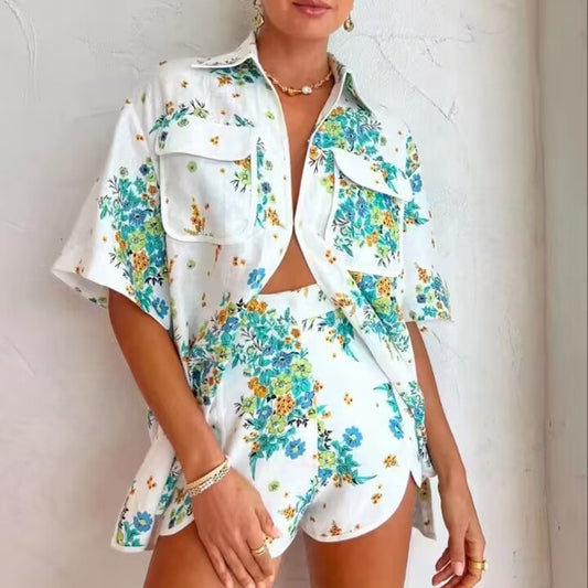 Seaside Holiday Lapel Short Sleeve Placket Hook Shirt Outfit