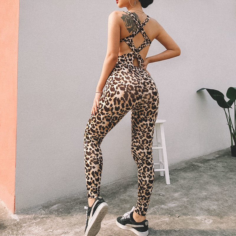 Spring new women's fashion leopard sports fitness hollow jumpsuit