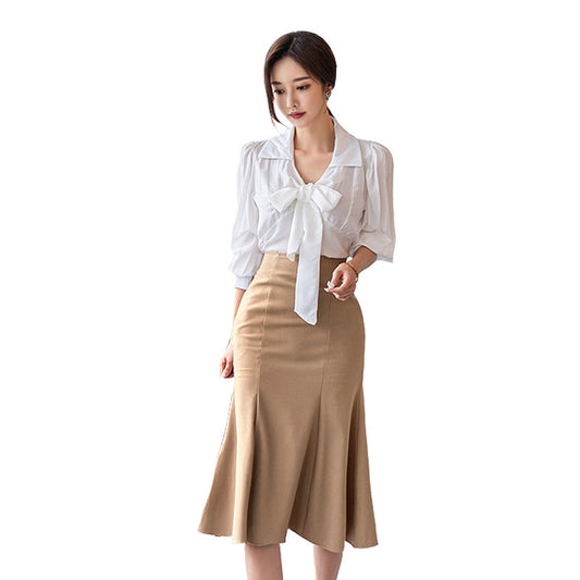 Matching Long Skirt Sets Long-sleeved shirt slim fit wild ruffle skirt