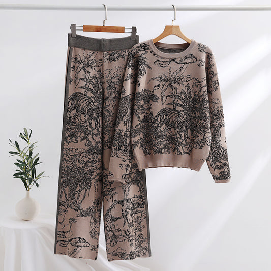 Womens Matching Pants Sets Knitting Patterns Two-piece Set Pullover Long Sleeve Sweater High Waist Wide Leg Top Suit