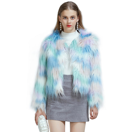 Coats & Jackets Fashion Streetwear Cardigans Outerwear Womens Ladies Warm Faux Fur Coat Jacket Winter Gradient Color