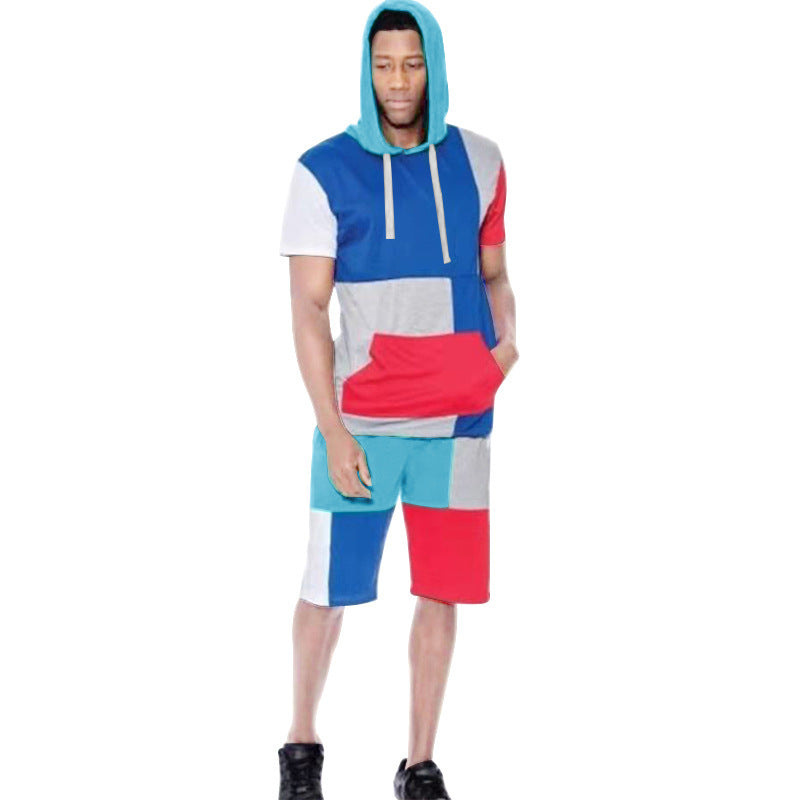 Mens Matching Short Sets Color Matching Sports Casual Fashion Hooded Short-Sleeved Men