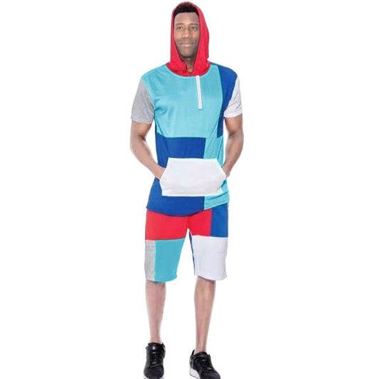 Mens Matching Short Sets Color Matching Sports Casual Fashion Hooded Short-Sleeved Men