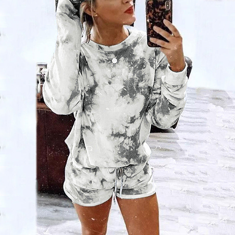 Tie-Dye Printed Long-Sleeved Round Neck Casual Home Set