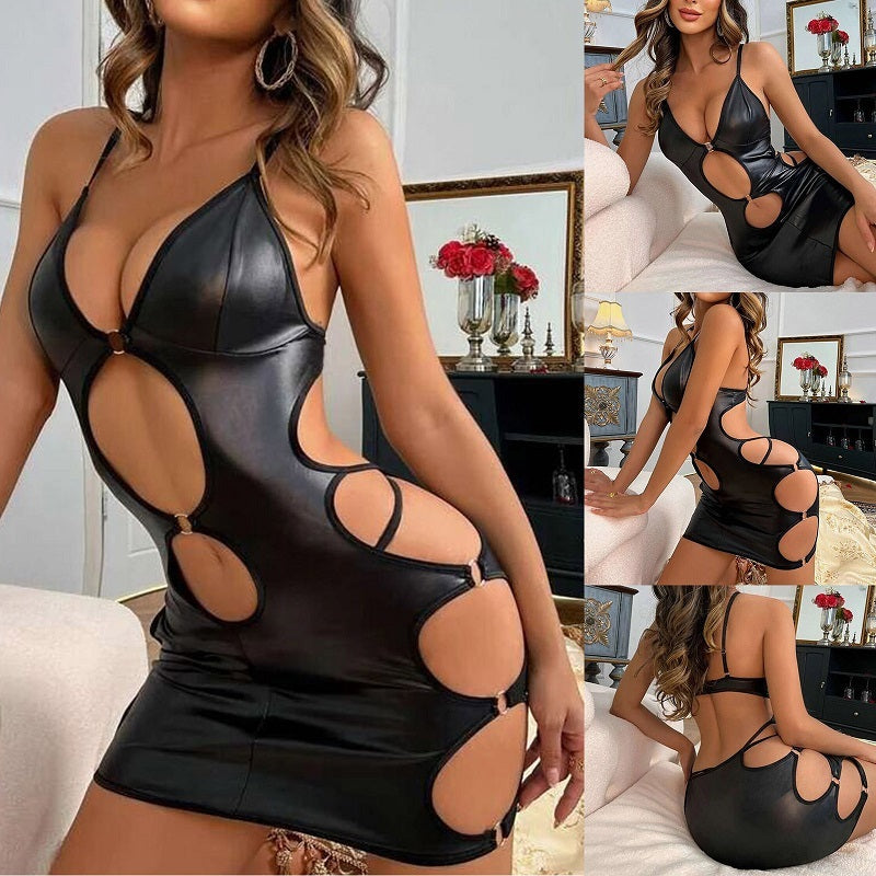 European And American Foreign Trade Sexy Lingerie Sexy Black Patent Leather Halter Hollow-out Dress Game Outfit
