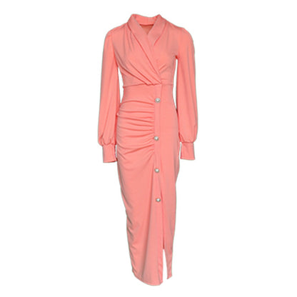Mid Length Dresses African cute woman pink long-sleeved dress office dresses