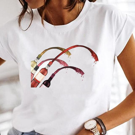 Wine Glass Fashion Printing Foreign Trade New Tops Ladies Casual Bottoming Shirts
