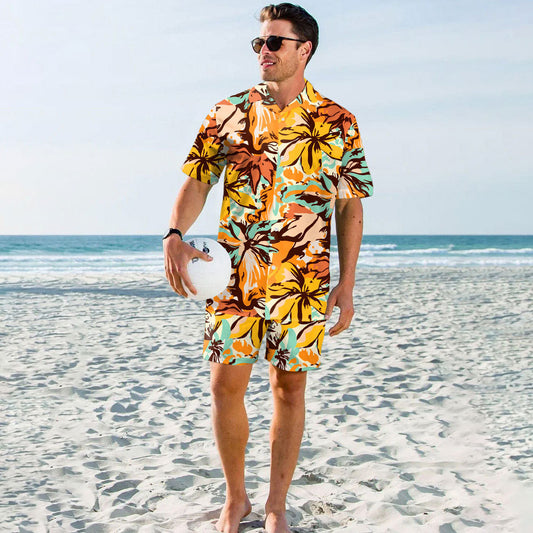 Mens Matching Shorts Sets Digital Printing Seaside Vacation Beach Pants Shirt Two-piece Set