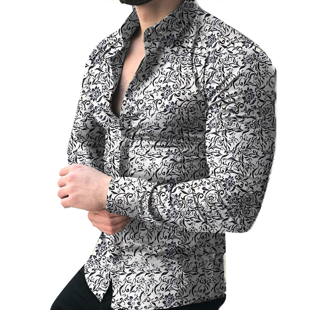 Mens Shirts Lapel printed long-sleeved casual floral shirt