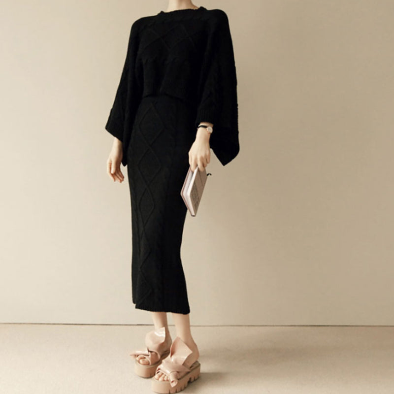 Matching Long Skirt Sets Bat sleeve sweater knitted skirt suit skirt