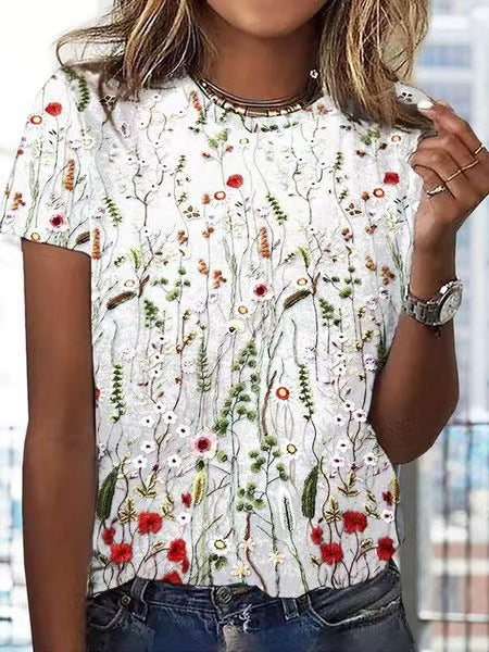 Womens Shirts European And American Loose Round Neck Short Sleeve Floral Printed T-shirt