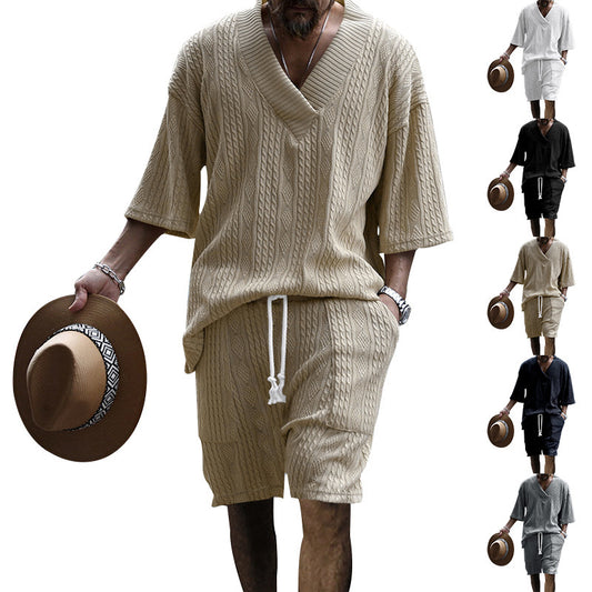 Casual Jacquard Suits Summer V-neck Short-sleeved T-shirt And Drawstring Pocket Shorts Fashion 2pcs Set Mens Clothing