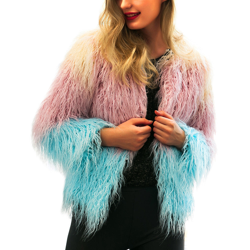 Coats & Jackets Fashion Streetwear Cardigans Outerwear Womens Ladies Warm Faux Fur Coat Jacket Winter Gradient Color