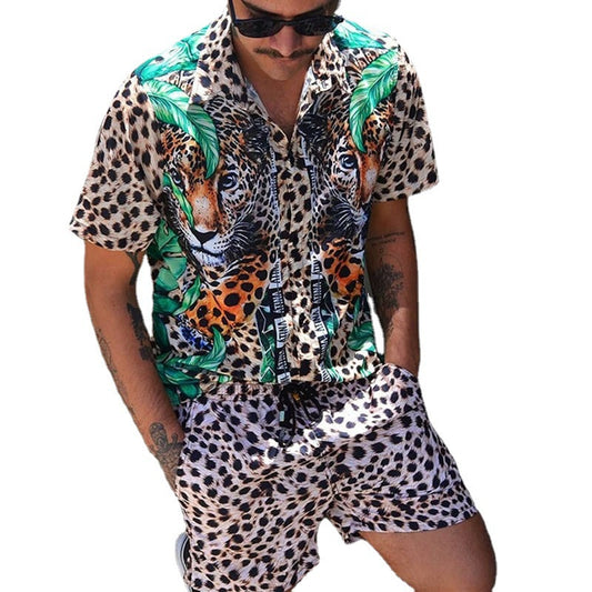 Mens Matching Short Sets European And American Leopard Print Casual Loose Fashion Print Shirt