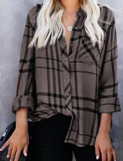Womens Shirts European And American Lapel Casual Long Sleeve Plaid Printed Lining