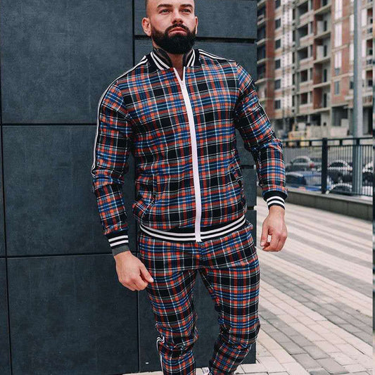 Mens Matching Pants Sets Sports Fitness Plaid Zipper Cardigan Suit