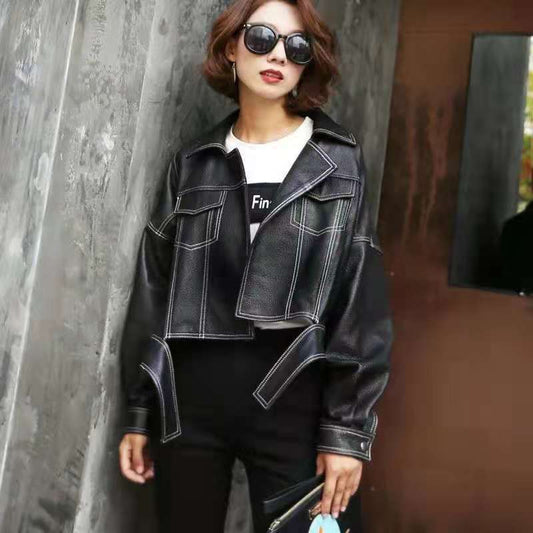 Coats & Jackets Black And White Line Lapel Women's PU Leather Jacket