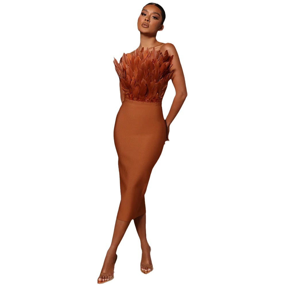 Formal Dresses Women's Fashionable Tube Top Feather Bandage Dress