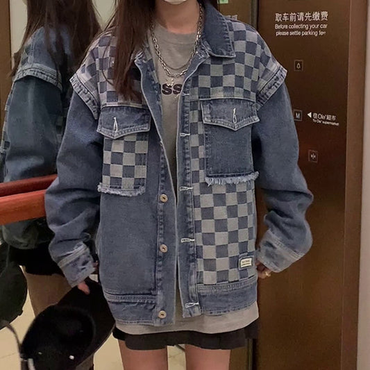 Women's Checkerboard Stitching Denim Jacket