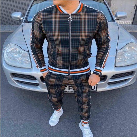 Mens Matching Pants Sets Striped Plaid Zip Jacket Coat