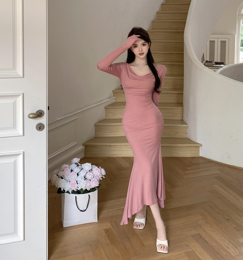 Mid Length Dresses Pink Long-sleeved Dresses Women Temperament Waist