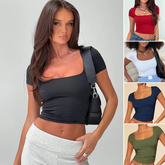 Womens Shirts Short-sleeved T-shirt Solid Color Square-neck Tops