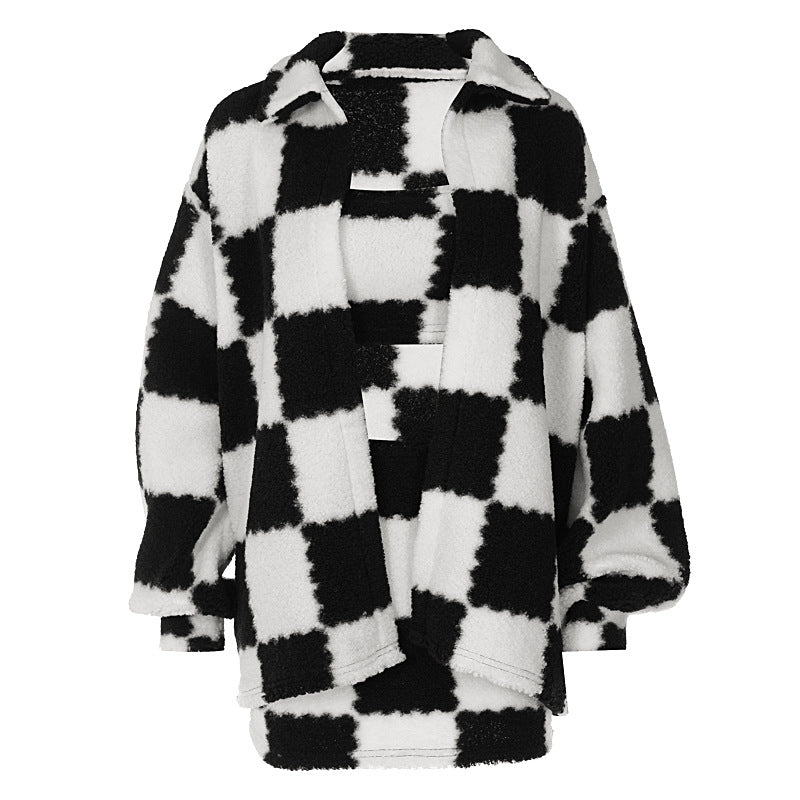 Hoochie Momma Dresses Black And White Plaid Thickened Coat