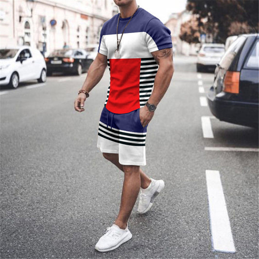 Mens Matching Shorts Sets Short Sleeve Sports Casual Fashion Striped Colorblock Suit
