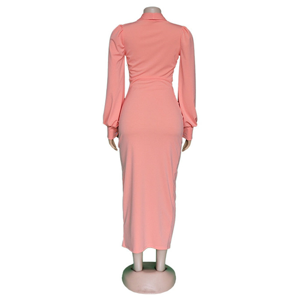 Mid Length Dresses African cute woman pink long-sleeved dress office dresses