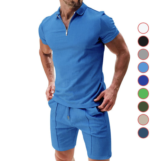 Mens Matching Shorts Sets 2Pcs Casual Waffle Suit Summer Zipper Short-sleeved Top And Drawstring Pockets Shorts Solid Color T-shirt Set