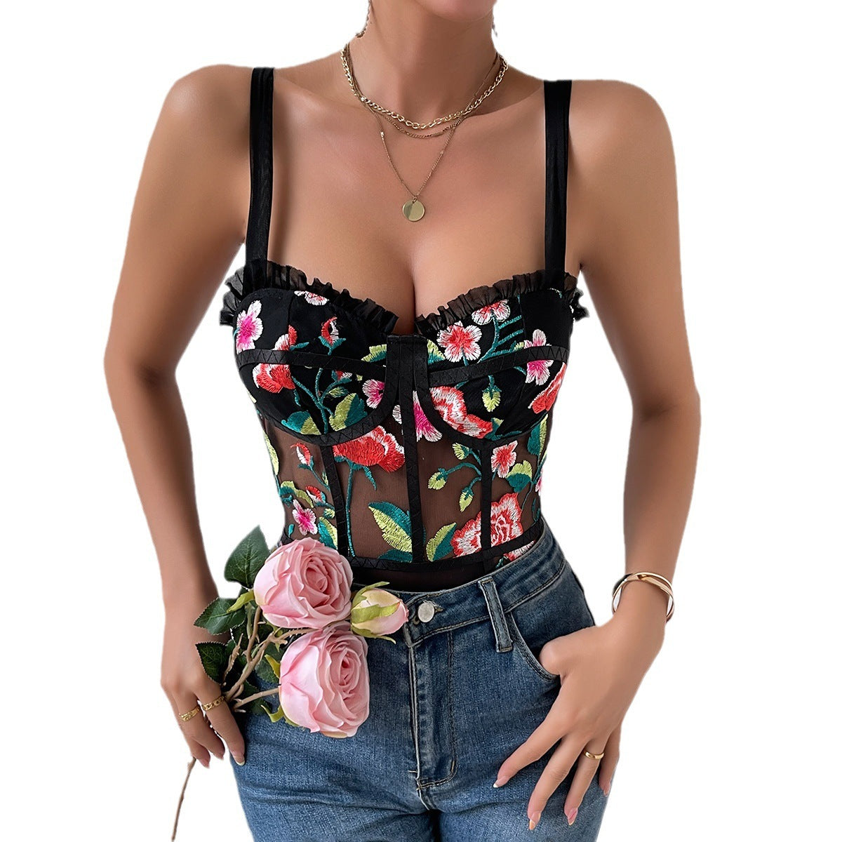 Floral Embroidery See-through Wooden Ear Slim Jumpsuit