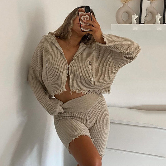 Womens Matching Short Sets Sweater Yarn Cardigan Long-sleeved Tops High-waisted Tight-fitting Shorts