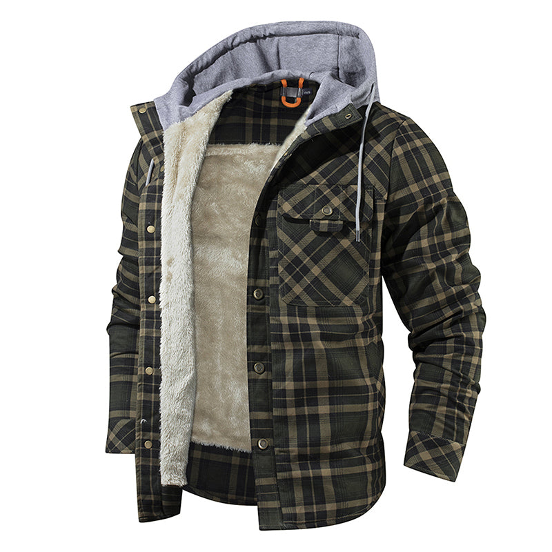 Mens Coats & Jackets Warm Jacket Fleece Lining Lumberjack Plaid Hooded Jackets Snap Button