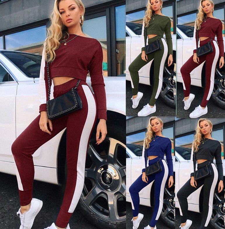 Womens Matching Pants Sets European and American fashion women's casual sexy stitching sports suit two sets of sweater