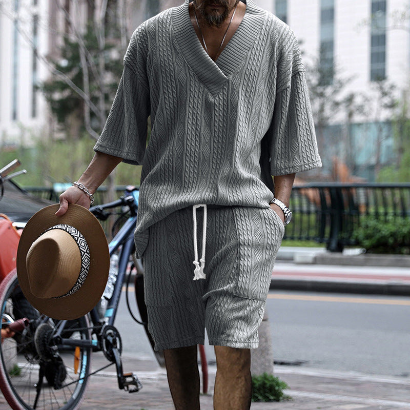 Mens Matching Shorts Sets Casual Jacquard Suits Summer V-neck Short-sleeved T-shirt And Drawstring Pocket