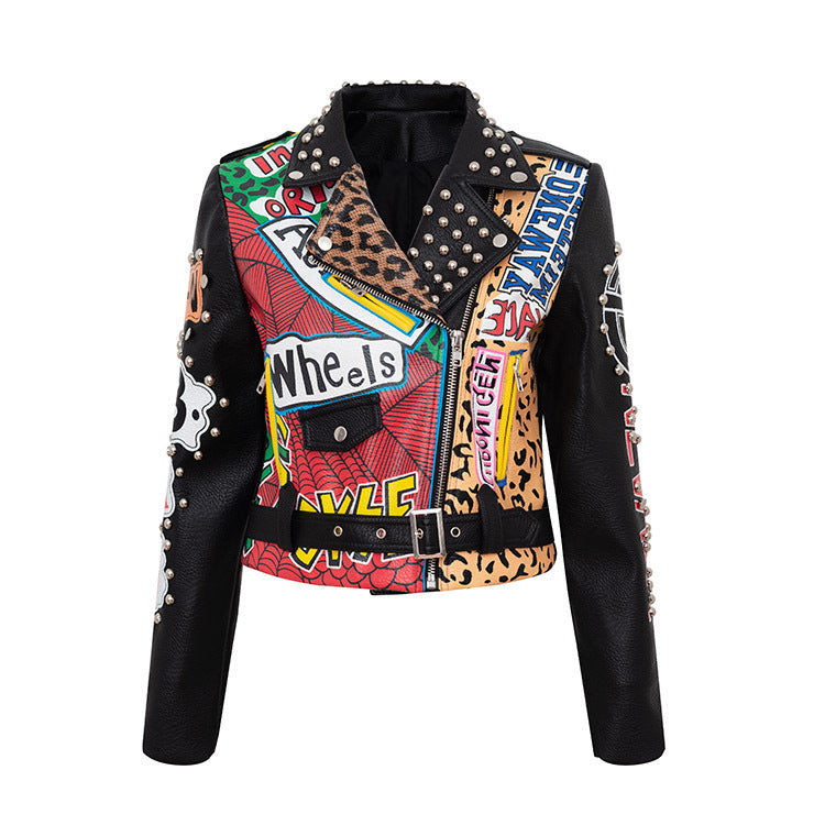 Coats & Jackets Chain Leather Jacket Printed Half  Collar Stud Cropped Top Slim