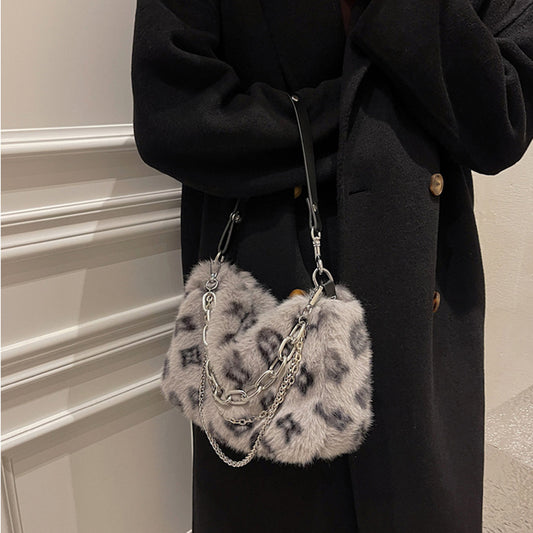 Winter Plush Bags Chain Shoulder Bag Women Flowers Print Handbags
