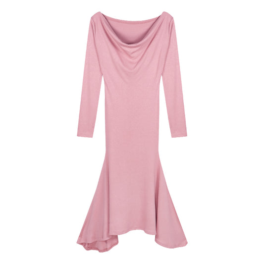 Mid Length Dresses Pink Long-sleeved Dresses Women Temperament Waist