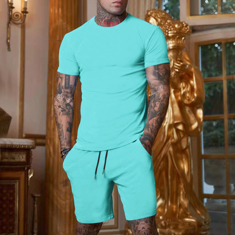 Mens Matching Short Sets Fashion Solid Color Short Sleeve Shorts Set