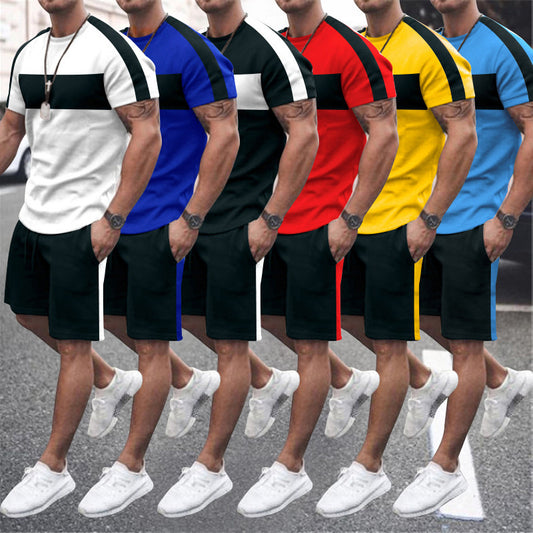 Mens Matching Short Sets New European And American Casual Sports Short-sleeved Stitching Suit